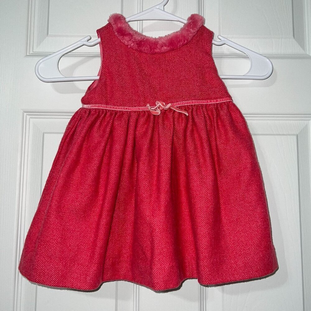 Baby Gap Toddler Girl Herringbone Fur Trim Collar Holiday Dress Wool Size 12-18M